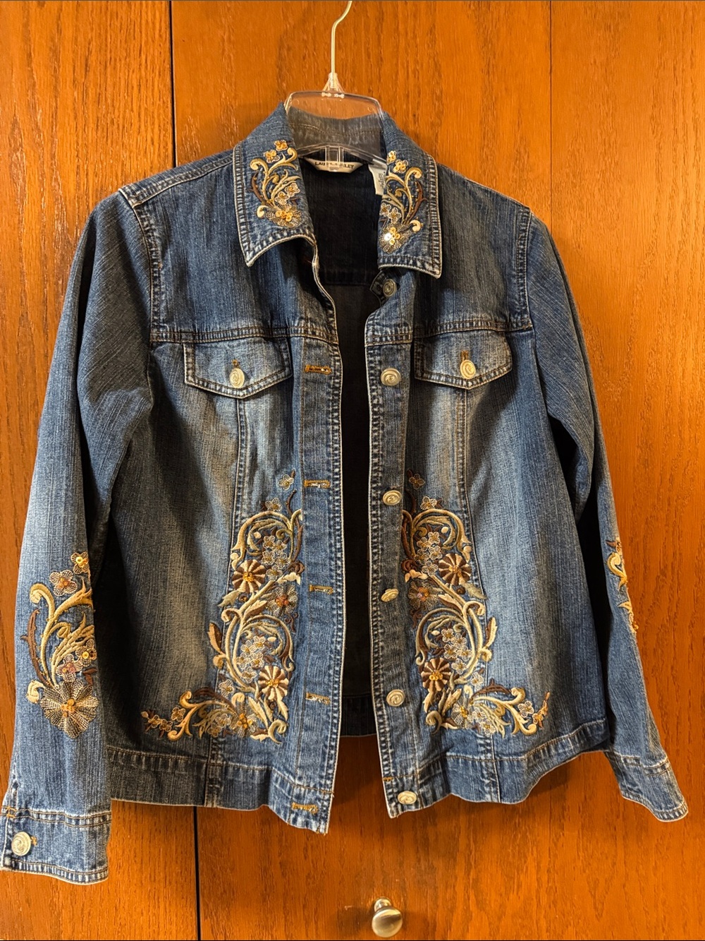 Laura Ashley Blue Denim Jacket with Gold & Cream Floral Embroidery Size Small S
